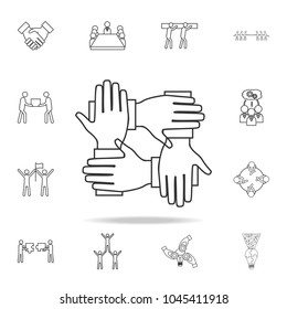 Four Hands Hold Together Icon. Detailed Set Of Team Work Outline Icons. Premium Quality Graphic Design Icon. One Of The Collection Icons For Websites, Web Design, Mobile App On White Background