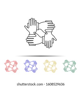 Four hands hold together multi color style icon. Simple thin line, outline vector of team work icons for ui and ux, website or mobile application