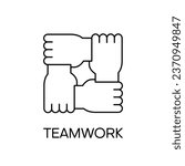 Four hands hold together for the wrist other. Symbol of team work, support, charity organization and donation community. Thin line vector illustration.