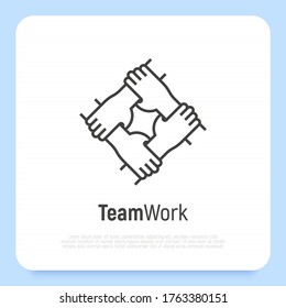 Four hands hold together for the wrist other. Symbol of team work, support, charity organization and donation community. Thin line vector illustration.