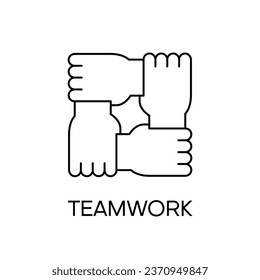 Four hands hold together for the wrist other. Symbol of team work, support, charity organization and donation community. Thin line vector illustration.