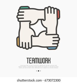 Four Hands Hold Together For The Wrist Other. Symbol Of Team Work, Support, Charity Organization And Donation Community. Thin Line Vector Illustration.