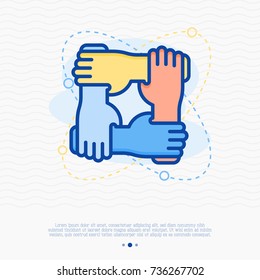 Four hands hold together for the wrist other. Symbol of team work, team play, togetherness. Thin line vector illustration.