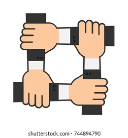 Four hands hold together for the wrist other. Four connected hands. Symbol for togetherness. isolated on white background. Vector illustration. Eps 10.