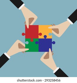 Four Hands Holding Assembled Multicolor Jigsaw Puzzle. Teamwork, Solution, Unity, Partnership Concept. EPS 10 Vector Illustration, No Transparency