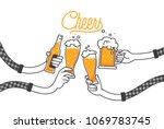 Four hands holding four beer bottles. Clinking glasses in plaid shirt. Party celebration in a pub. Isolated vector illustration of four drunk person drinking beer on white background. Cheers mate.