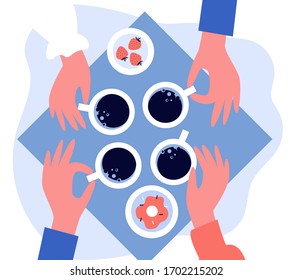 Four hands holding ceramic mugs of coffee flat vector illustration. People drinking morning tea together. Top view of table. Refreshment and warm drink concept