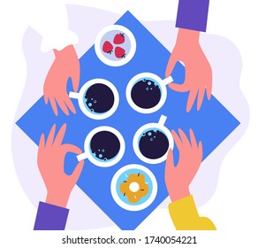 Four hands holding ceramic mugs of coffee flat vector illustration. People drinking morning tea together. Top view of table. Refreshment and warm drink concept