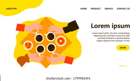 Four hands holding ceramic mugs of coffee flat vector illustration. People drinking morning tea together. Top view of table. Refreshment and warm drink concept