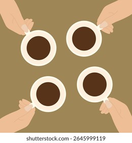 Four Hands Holding Coffee Cups from Above