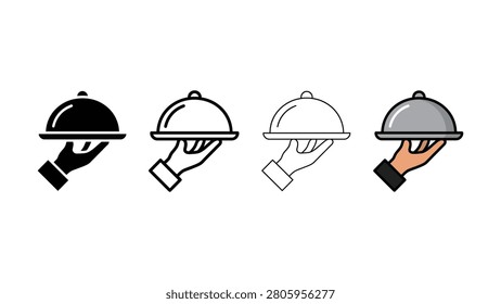 Four hands holding covered dishes in different colors on white background