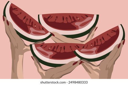 Four hands holding four cut pieces of watermelon