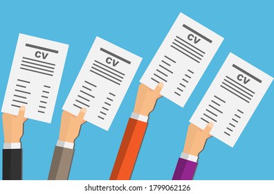 Four hands holding cv resumes on blue background