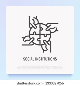Four hands holding different pieces of puzzle. Symbol of social institutions, creative teamwork, connection and support. Thin line icon. Modern vector illustration.