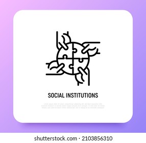 Cuatro manos sostienen diferentes piezas de rompecabezas. Símbolo de instituciones sociales, trabajo en equipo creativo, conexión y apoyo. Icono de línea delgada. Ilustración vectorial moderna.