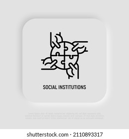 Four hands holding different pieces of puzzle. Symbol of social institutions, creative teamwork, connection and support. Thin line icon. Modern vector illustration.