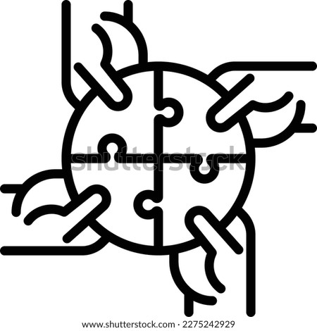 Four hands holding different pieces of puzzle. Symbol of social institutions, creative teamwork, connection and support. Thin line icon. Modern vector illustration.