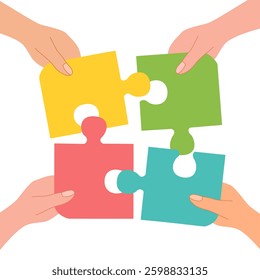 Four hands holding and making puzzle together trendy halftone collage elements. Metaphor of partnership, teamwork concept. Modern retro vector illustration isolated on transparent background