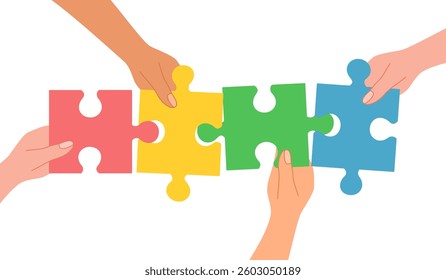 Four hands holding and making puzzle together trendy halftone collage elements. Metaphor of partnership, teamwork concept. Modern retro vector illustration isolated on transparent background