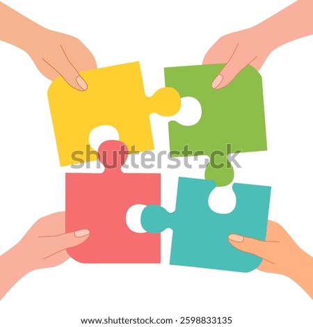 Four hands holding and making puzzle together trendy halftone collage elements. Metaphor of partnership, teamwork concept. Modern retro vector illustration isolated on transparent background