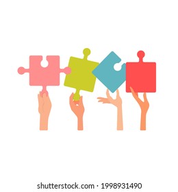 Cuatro manos sostienen grandes rompecabezas multicolores. Concepto: trabajo en equipo, idea, cartel. Ilustración vectorial, diseño de dibujos animados planos aislados en fondo blanco, eps 10.