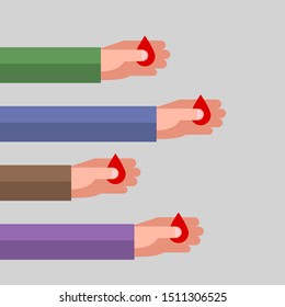 Four hands are holding red drops as symbols of blood, over gray background. Concept of blood type and blood donation. Hematology and healthcare.