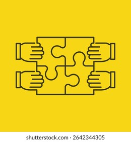 Four hands joining puzzle pieces together in a collaborative partnership concept, representing teamwork, business connections and successful cooperation in corporate and entrepreneurial settings.