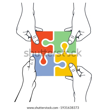 Four hands joining puzzle pieces, association, teamwork and merger concept, vector