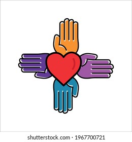 Four hands lineal color icon with heart. charity symbol, donation, humanity, health. Editable stroke. Design template vector