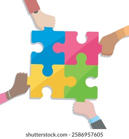 Four hands make a puzzle. Business coordination concept isolated vector illustration