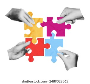 Four hands making puzzle together trendy halftone collage element, sticker. Metaphor of partnership, team work concept. Modern retro vector illustration isolated on transparent background