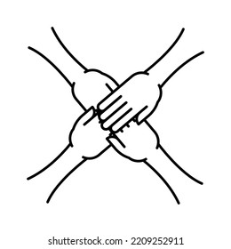 Four hands on top of each other icon. People connected by hands together sign. Vector illustration. Sports team, charity or volunteer group symbol.