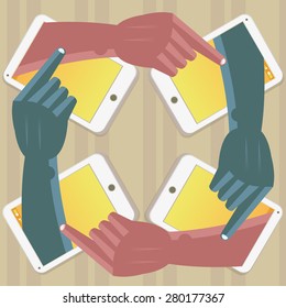 Four hands painting themselves in mobile phones and working together.The grunge texture is removable from the background.