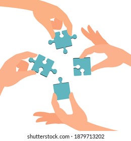 Four hands put together a puzzle. Concept: teamwork, strategy, idea, collective intelligence. Vector illustration, flat cartoon color design, isolated on white background, eps 10.