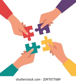 Four hands putting multicolor puzzle pieces together. Teamwork, cooperation, business, solution, work concept.Vector illustration