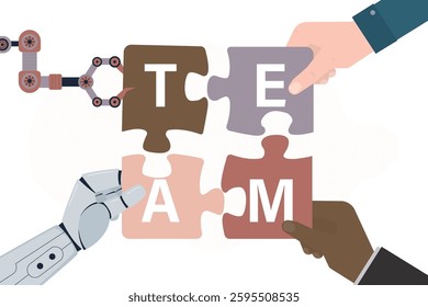 Four hands putting multicolor puzzle pieces. Hands of business people and robots collecting jigsaw puzzles look for business problem solution together. Humans and bot with AI work search for decisions