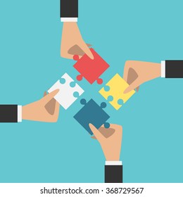 Four Hands Putting Multicolor Puzzle Pieces Together. Teamwork, Cooperation, Business, Solution, Work Concept. EPS 8 Vector Illustration, No Transparency