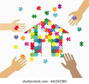 Four hands putting multicolor puzzle pieces together. Teamwork, cooperation, business, solution, work concept.