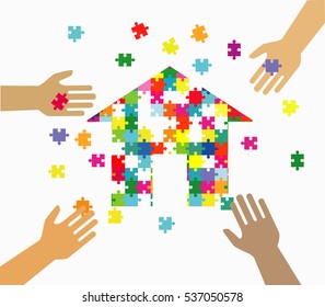 Cuatro manos uniendo piezas de rompecabezas multicolor. Trabajo en equipo, cooperación, negocios, solución, concepto de trabajo.