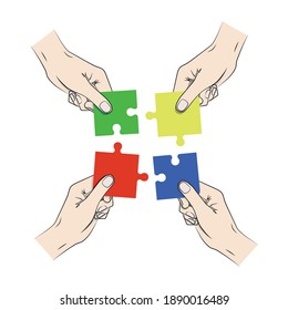 Four hands putting together a blue, green, red and yellow puzzle.