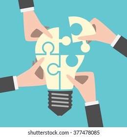 Four hands putting together light bulb shaped puzzle. Teamwork, team, idea, business, solution, creativity concept. Flat style. EPS 8 vector illustration, no transparency