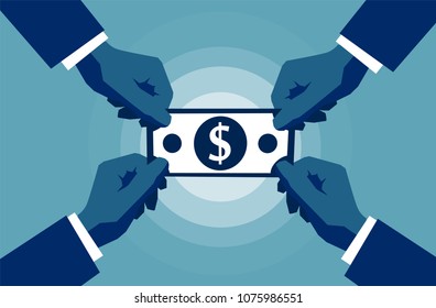 Four Hands reaching to cash paper money dollar sign symbol. Business and wealth concept. Blue background. Vector illustration