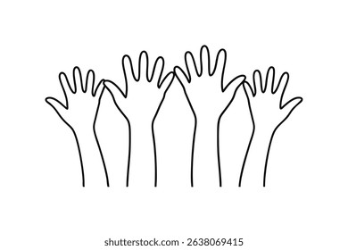 Four hands reaching upward line drawing teamwork unity