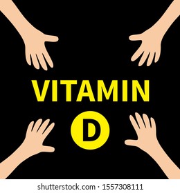 Four hands reaching to Vitamin D round capsule pill icon. Yellow color. Healthy lifestyle diet concept. Fish oil supplements. Flat design. Black background. Isolated. Vector illustration.