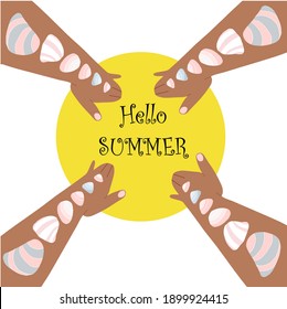 four hands with seashells reach for the sun, a symbol of summer pastime