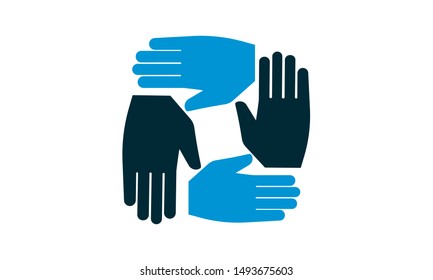 
Four hands support each other, concept of teamwork, icon vector