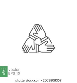 Four hands support each other. Collaboration teamwork thin line stroke. Support, Business friendship and partnership sign. unity in diversity. Vector illustration. Design on white background. EPS10