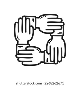 Cuatro manos se apoyan mutuamente, concepto de trabajo en equipo. Estilo de diseño de dibujo manual. Vector.