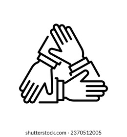 Four hands support each other. Collaboration teamwork thin line stroke. Support, Business friendship and partnership sign. unity in diversity. Vector illustration. Design on white background. EPS10