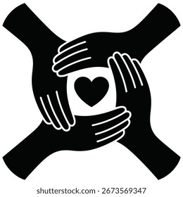 Four Hands Supporting Love and Connection Black and White Illustration for Charity and Community Support Designs